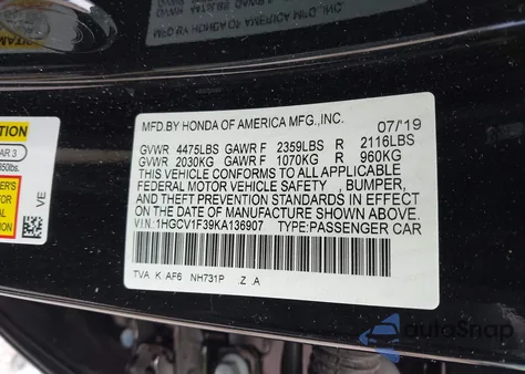 2019 Honda Accord Sport z USA, uszkodzony, nr VIN 1HGCV1F39KA136907